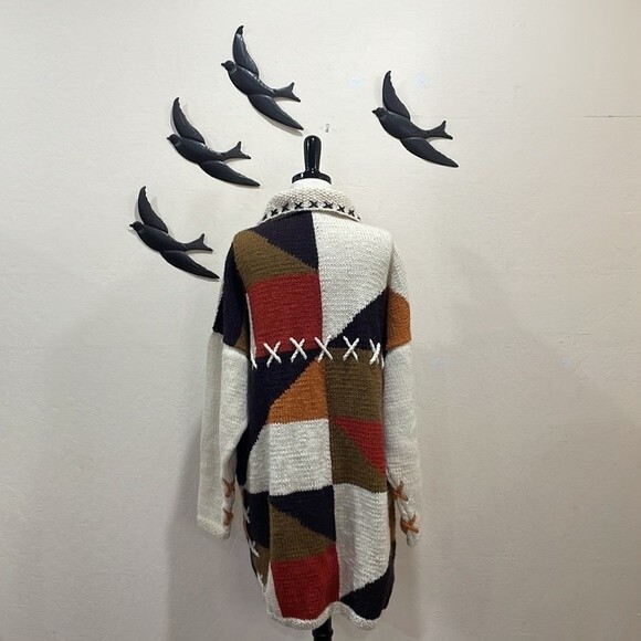 Hand Knit Alpaca Oversize Chunky Patchwork Cardigan ~Frontiers Scotland One Size - Picture 8 of 15